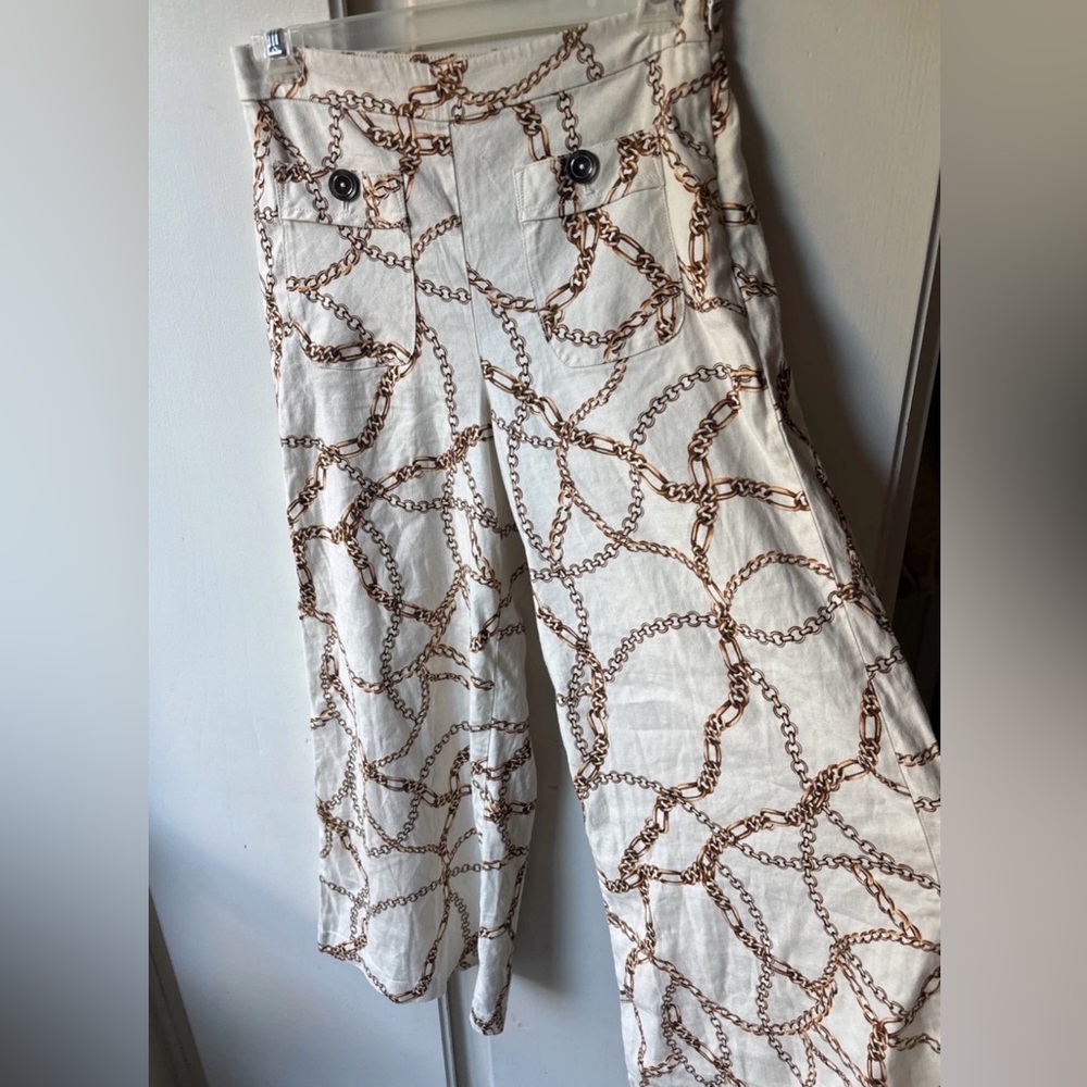 Anthropologie Maeve Linen Blend Wide Leg Palazzo Pants Chain Print Women SM